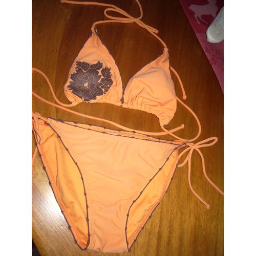 Maillot De Bain 2 Pièces T.38 Orange Et Motifs Marrons