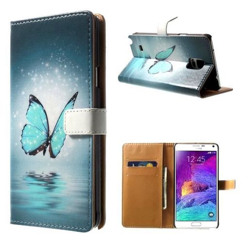 Etui Flip Samsung Galaxy Note 4 Cuir (Pu) Aimanté Papillon Bleu Design Not1939