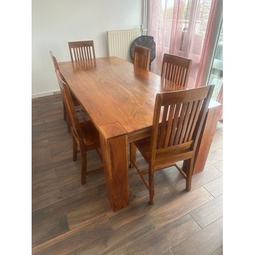 À Vendre Bois Massif :Table À Manger 220x100 Acacia Laqué Miel Marron Claire Laqué Avec 6 Chaise 48x51 Acacia Laqué Miel