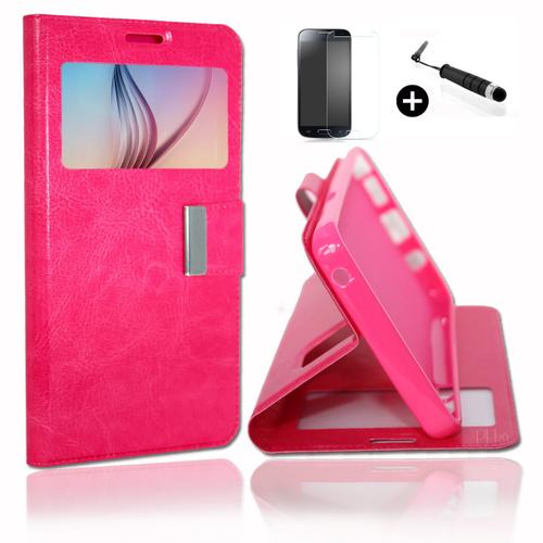 Blackberry Bb 9320 Super Pack Premuim Etui Fenêtres Housse Coque Folio Rose Pu + Mini Stylet Screen Touch + Verre Trempé Dureté 9h, Ultra-Mince 0.20 Mm Anti-Rayures Anti-Traces Haute-Réponse Haute Transparence By Ph26®