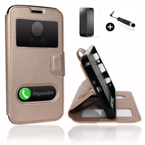 Wiko U Feel Lite. Super Pack Premuim Etui Fenêtres Housse Coque Folio Or Gold Pu + Mini Stylet Screen Touch + Verre Trempé Dureté 9h, Ultra-Mince Anti-Rayures Anti-Traces Haute-Réponse Haute Transparence By Ph26