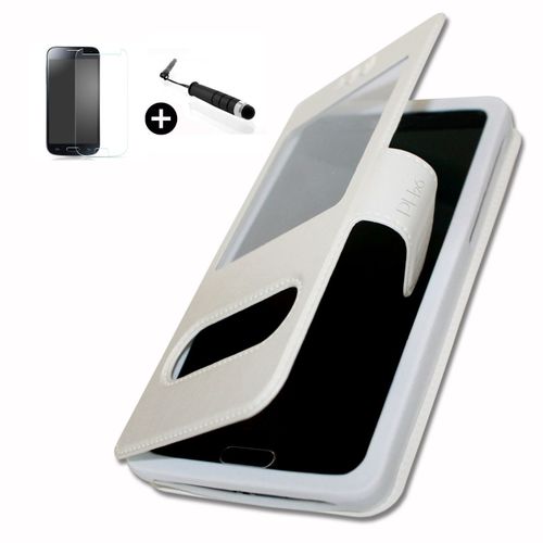 Archos 50b Platinium Super Pack Premuim Etui Fenêtres Housse Coque Folio Blanc Pu + Mini Stylet Screen Touch + Verre Trempé Dureté 9h, Ultra-Mince 0.20 Mm Anti-Rayures Anti-Traces Haute-Réponse Haute Transparence By Ph26®
