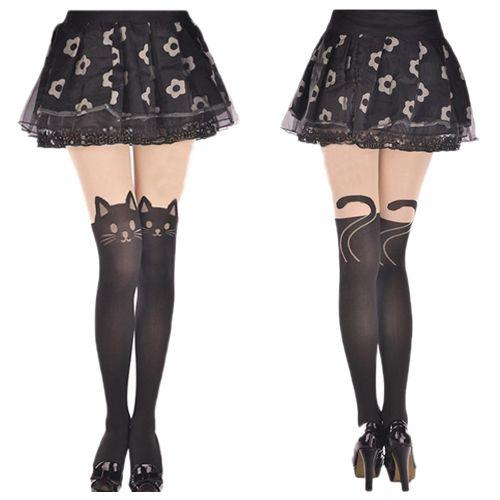 Collants En Élasthanne Motif Chat Neko Kawaii Mignons Lolita Gothiques Mode Japonaise. Coloris Noir, Blanc Et Rose. Black Sugar Paris Déguisement Cosplay Manga Anime