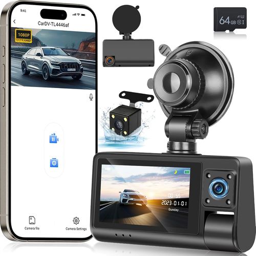 1080P + 720P Front & Rear Dash Cam-WiFi Car Camera with APP Control-3 Inch Screen,G-Sensor/Loop Recording/Night Vision