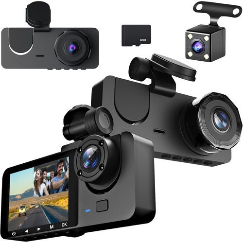 1080P Car Dashcam Front Rear Interior with 32GB SD Card Car Camera with Parking Monitoring,Motion Detection,170 Wide Angle 3 Channel 24H Loop Recording