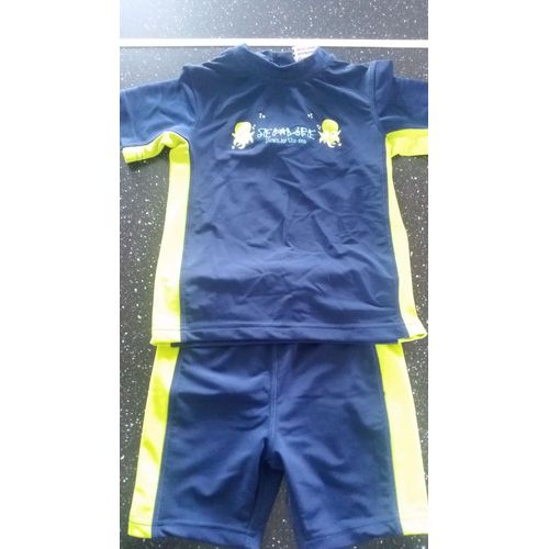 Maillot De Bain Short + T-Shirt Pocopiano Polyamide 4 Ans Bleu Marine Et Vert