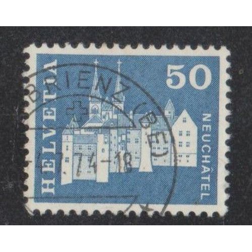 Timbre De Suisse N°820 Y&t 50 C. Bleu Série Courante Édifices Château Et Collégiale De Neuchâtel