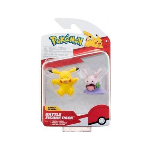 Coffret 2 Figurines Pokemon Pikachu Et Mucuscule - Figurine De Combat Jaune Et Violet - Set Jouet Garcon + 1 Carte Animaux