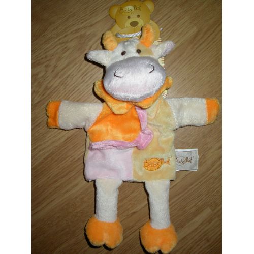 Doudou Peluche Vache Cow Kuh Marionnette Main Babynat Baby'nat Blanc Jaune Orange Douce