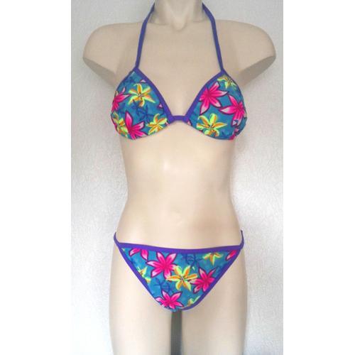 Maillot De Bain ***Jennyfer*** Bleu Turquoise Avec Fleurs Multicolores Fluo