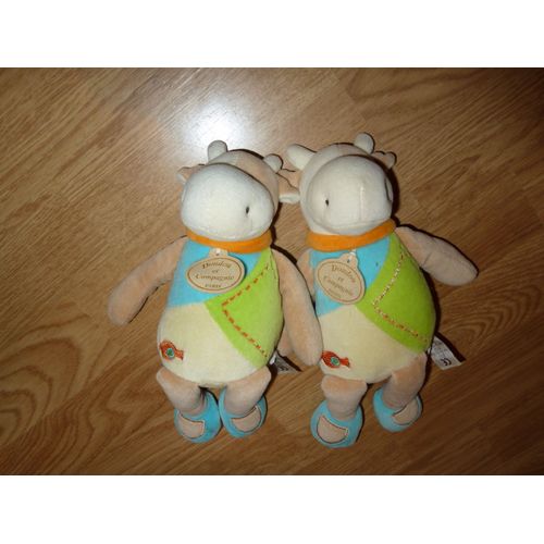 Doudou Et Compagnie Lot De Deux 2 Cerise Vache Cow Kuh La Vache Marron Bleu Jaune Vert Orange Broderie Bonbon & Cie  