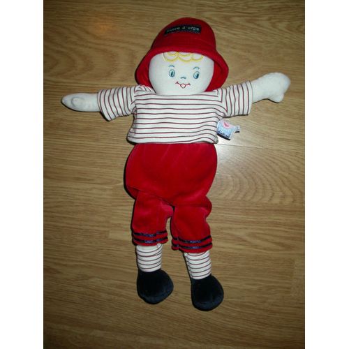 Doudou Peluche Poupée Fille Garcon Clown Chapeau Pantalon Rouge Pull Rayé Créme Sucre D'orge
