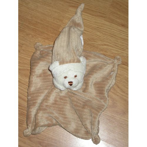 Doudou Peluche Ours Bear Bar Bonnet Nuit Cmp Eveil Et Tendresse Plat Beige Créme Carré Très Doux