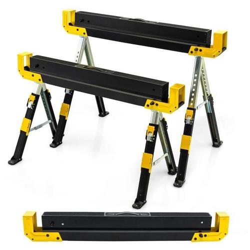 COSTWAY Tréteaux Pliants Paire-Charge 1180kg-61,5-82,7CM-Fentes de Support Latérales-Hauteur Réglable-Pieds Antidérapants-Jaune