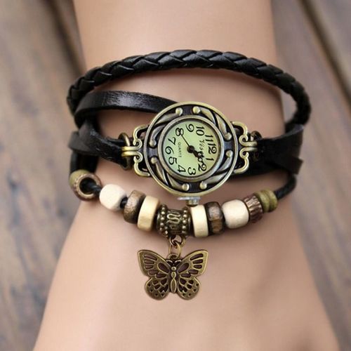Femme Montre-Bracelet Rétro Montre À Quartz Vintage Figure Papillon Multi-Bracelet En Cuir Tressé-Noir