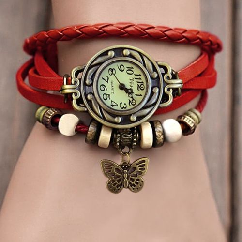 Femme Montre-Bracelet Rétro Montre À Quartz Vintage Figure Papillon Multi-Bracelet En Cuir Tressé-Rouge