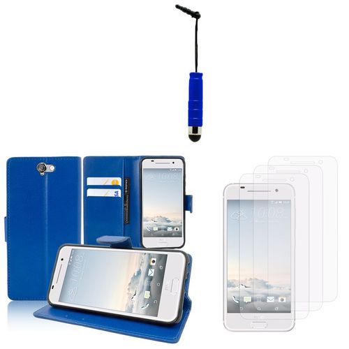 Etui Portefeuille Pour Htc One A9 Support Video Cuir Pu - Bleu Fonce + Mini Stylet + 3 Films Transperent