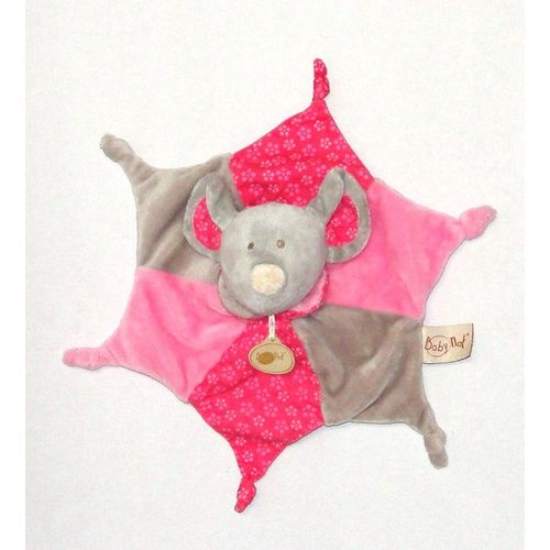 Souris Mouchoir Etoile Gris  Rose Et Rose Fushia A Fleurs Doudou Marionnette  Baby Nat' 32cm