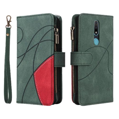 Étui Pour Nokia 2.1 Neuf Fentes Pour Cartes Béquille De Protection Avec Le Support De Fente De Carte Style De Portefeuille À Glissière Couture Bicolore - Vert