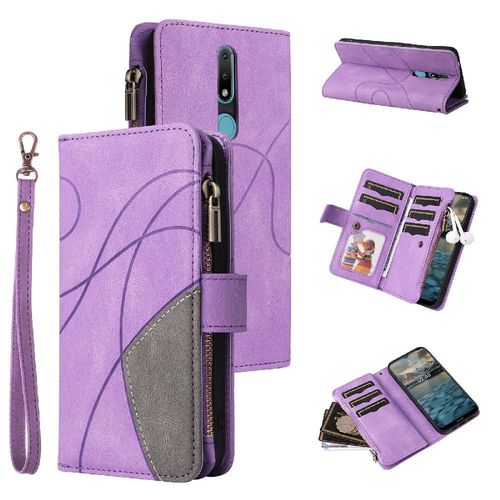 Étui Pour Nokia 2.1 Neuf Fentes Pour Cartes Style De Portefeuille À Glissière Béquille De Protection Couture Bicolore Avec Le Support De Fente De Carte - Violet