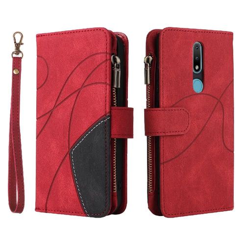 Étui Pour Nokia 2.1 Neuf Fentes Pour Cartes Style De Portefeuille À Glissière Béquille De Protection Couture Bicolore Avec Le Support De Fente De Carte - Rouge