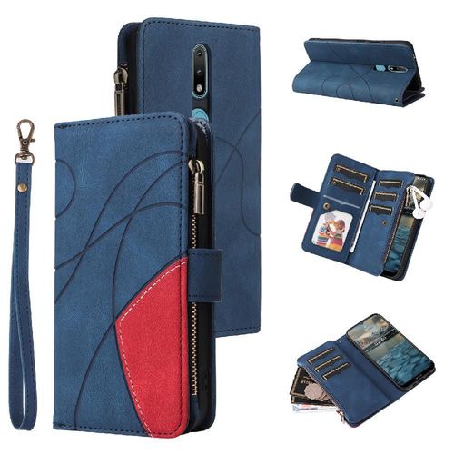 Étui Pour Nokia 2.1 Neuf Fentes Pour Cartes Style De Portefeuille À Glissière Béquille De Protection Couture Bicolore Avec Le Support De Fente De Carte - Bleu