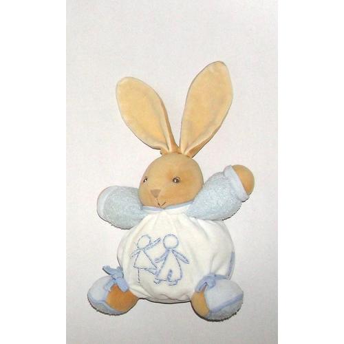 Lapin Boule Bleu Pastel  Blanc Casse Beige Gris Brodé Dessins 2 Petits Enfants Doudou Peluche Kaloo  20cm + 11cm Oreilles