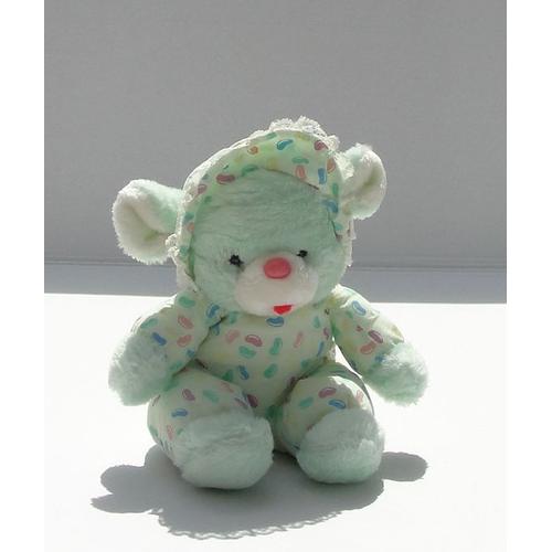 Ours Assis Bleu Vert Pastel Tissus Imprimé Bonbon Multicolore Bonnet De Nuit Peluche Doudou 25cm