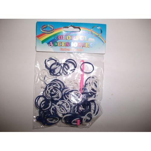 Elastiques Loom Bands Bicolore Bleu Foncé Et Blanc Avec Crochet Et Attaches