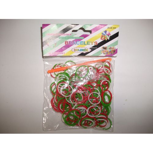 Elastiques Loom Bands Tricolore Vert/Rouge/Blanc Avec Crochet Et Attaches