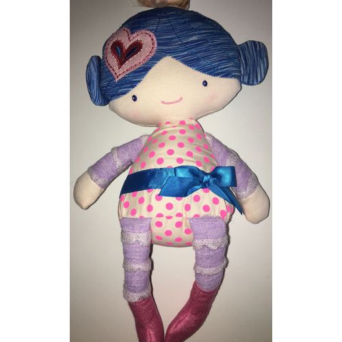 Doudou Poupee Cheveux Bleus Petite Fille Pois Roses Fluo Orchestra Premaman Peluche Bebe Fillette Poupon Chiffon Coeur Plush Soft Toy