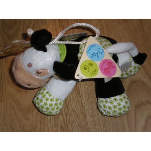 Doudou Peluche Poney Cheval Vache Âne Horse Pferd Cow Kuh Essel Voir Entendre Toucher Baby Nat' Babynat Blanc Noir Vert Fleur Trefle Dessin