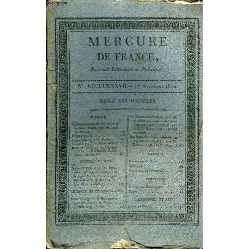 Mercure De France N°Cccclxxxvii - Commencement Du Ive Chant De La Mort D'abel Par M. Aug. Le Pasquier, Traité De L'éducation Des Montons, Ouvrage Accompagné De Huit Grand Tableaux, Nouvel ...