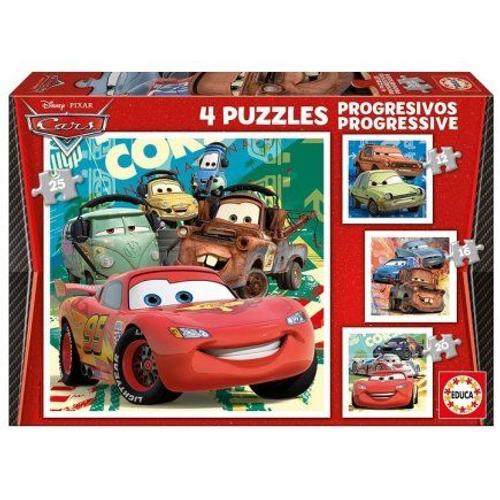 4 Puzzles Enfant Disney Pixar Cars 12 / 16 / 20 / 25 Pieces - Flash Mcqueen, Martin, Guido, Luigi, Etc. - Set Puzzle Progressif + Carte