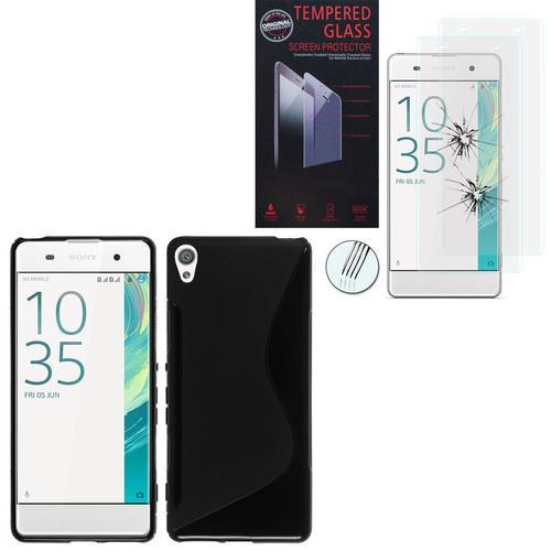 Sony Xperia Xa/ Xa Dual: Coque Etui Housse Pochette Accessoires Silicone Gel Motif S Line - Noir + 2 Films De Protection D'écran Verre Trempé