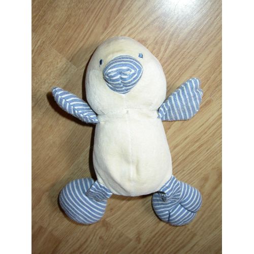 Doudou Peluche Canard Küken Poussin Oiseau Duck Ente Jaune Bec Et Foulard Bleu Et Blanc En Velour Et Tissu Rayé Bengy Amtoys