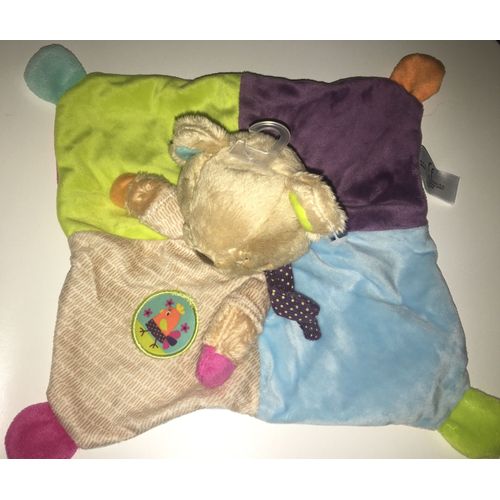 Doudou Ours Beige Plat Rose Fucshia Bleu Violet Prune Fluo  Ecusson Poule Peluche Bebe Naissance Ourson Mixte Soft Toys Comforter 