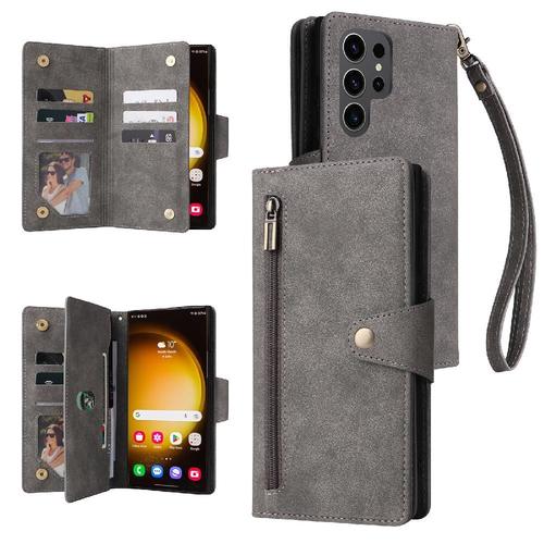 Étui Pour Samsung Galaxy S24 Ultra Cuir Magnétique Titulaire De La Carte Avec Sangle De Main Couverture De Portefeuille À Fermeture Éclair - Gris