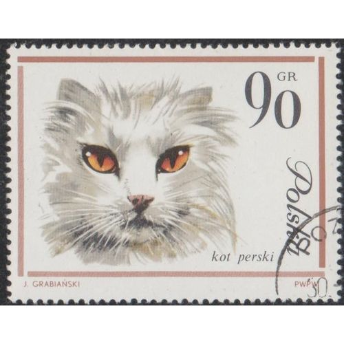 Timbre De Pologne N°1336 Y&t 90 Gr Brun, Gris Et Jaune Chats Divers Valeur Et Polska En Noir Persan Blanc