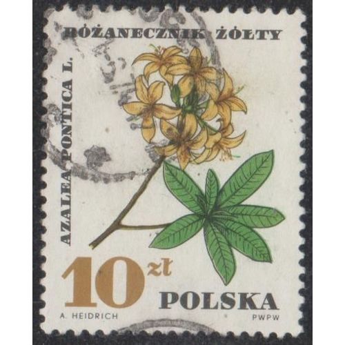 Timbre De Pologne N°1630 Y&t 10 Z Vert, Noir, Brun Et Jaune Protection Des Plantes Officinales Azalée