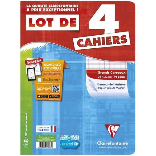 Clairefontaine Metric Lot De 4 Cahier Grands Carreaux Sans Spirales 96 Pages 24 X 32 Assortis