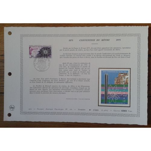 Document Artistique Philatélique Sur Soie Cérès 1975 Feuillet N°182 Timbre France Yt N°1844 Convention Du Mètre 1875-1975 Oblitéré Premier Jour 31 Mai 1975