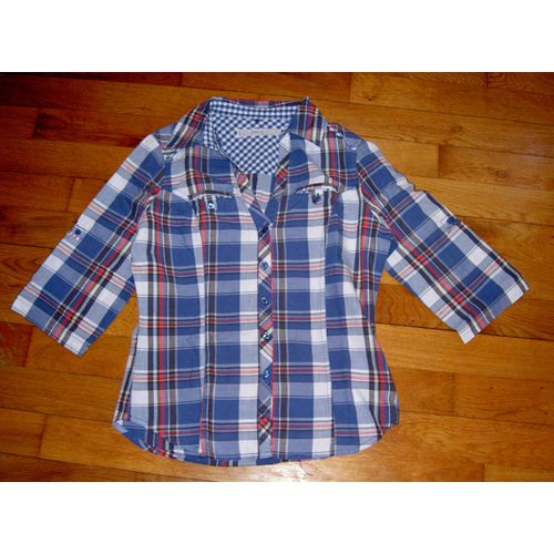 Chemise Manches Mi Longues Col V Bleue Blanche Et Rouge À Carreaux Jennyfer Modèle Bad Girl Don't Cry Taille 16 Ans