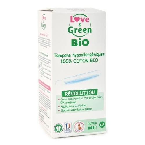 Love & Green Tampons Hypoallergéniques - 100% Coton Bio Certifiés Gots - "Super"Avec Applicateur - 14 Tampons 