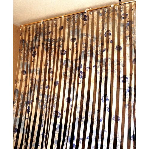Voilage 140 X 240 Cm Beige Fleuri Bleu Rayures Ajourée Avec Rubans Satin À Nouer