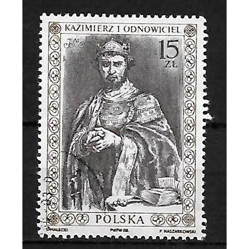 Pologne 1988 : Roi Polonais : Casimir 1er, Le Rénovateur (1016-1058) - Timbre 15 Z. Brun Oblitéré