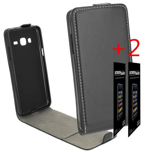 Pour Samsung Galaxy J3 2016 : Housse Aspect Cuir Noir Rabat Luxe+ 2 Films