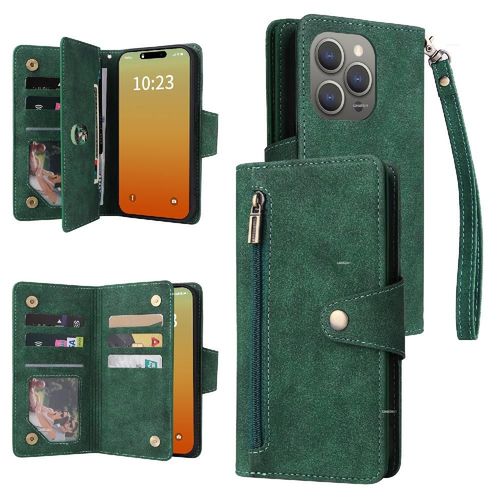 Étui Pour Iphone 15 Pro Max Avec Sangle De Main Cuir Magnétique Titulaire De La Carte Couverture De Portefeuille À Fermeture Éclair - Vert