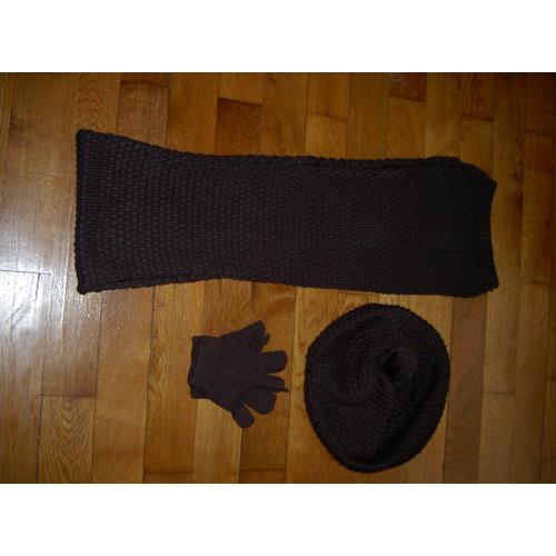 Ensemble Echarpe Bonnet Et Gants Marron Uni Sergent Major Taille 12 Ans 