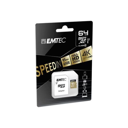 EMTEC SpeedIN' - Carte mémoire flash (adaptateur microSDXC vers SD inclus(e)) - 64 Go - UHS-I U3 / Class10 - 650x - micro SDXC